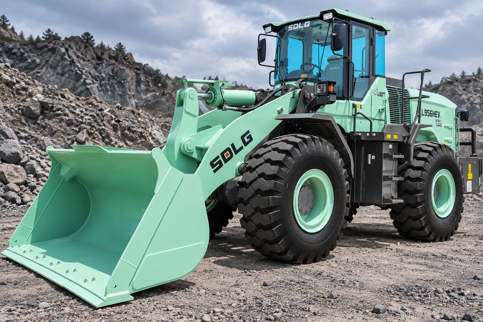Mint green SDLG L956HEV electric loader in a quarry