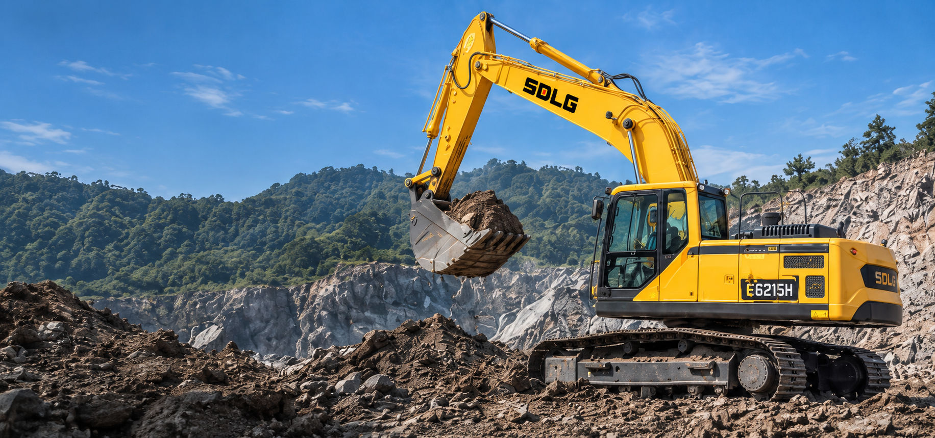 SDLG E6215H excavator working in a rocky quarry
